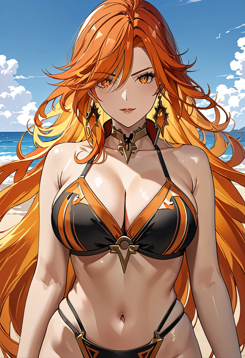 (masterpiece), (detailed anime style), (super detailed), (perfect work), (4k), Beautiful Mavuika, ajustado bikini, orange hair, super big breasts, I will trace the great, bare arms, posing, On the beach