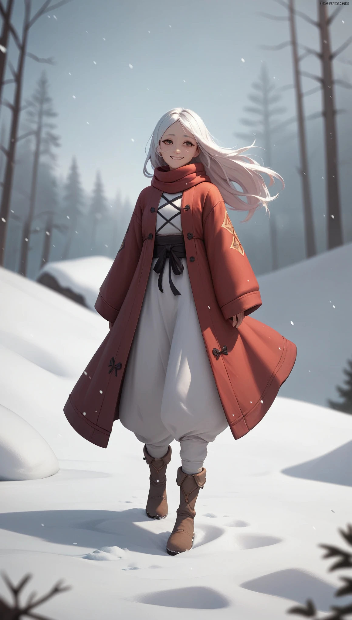 Best quality, 4K picture quality, 1girl, white Hanfu, snow, long hair fluttering in the wind, healing smile, large aperture, blurred background