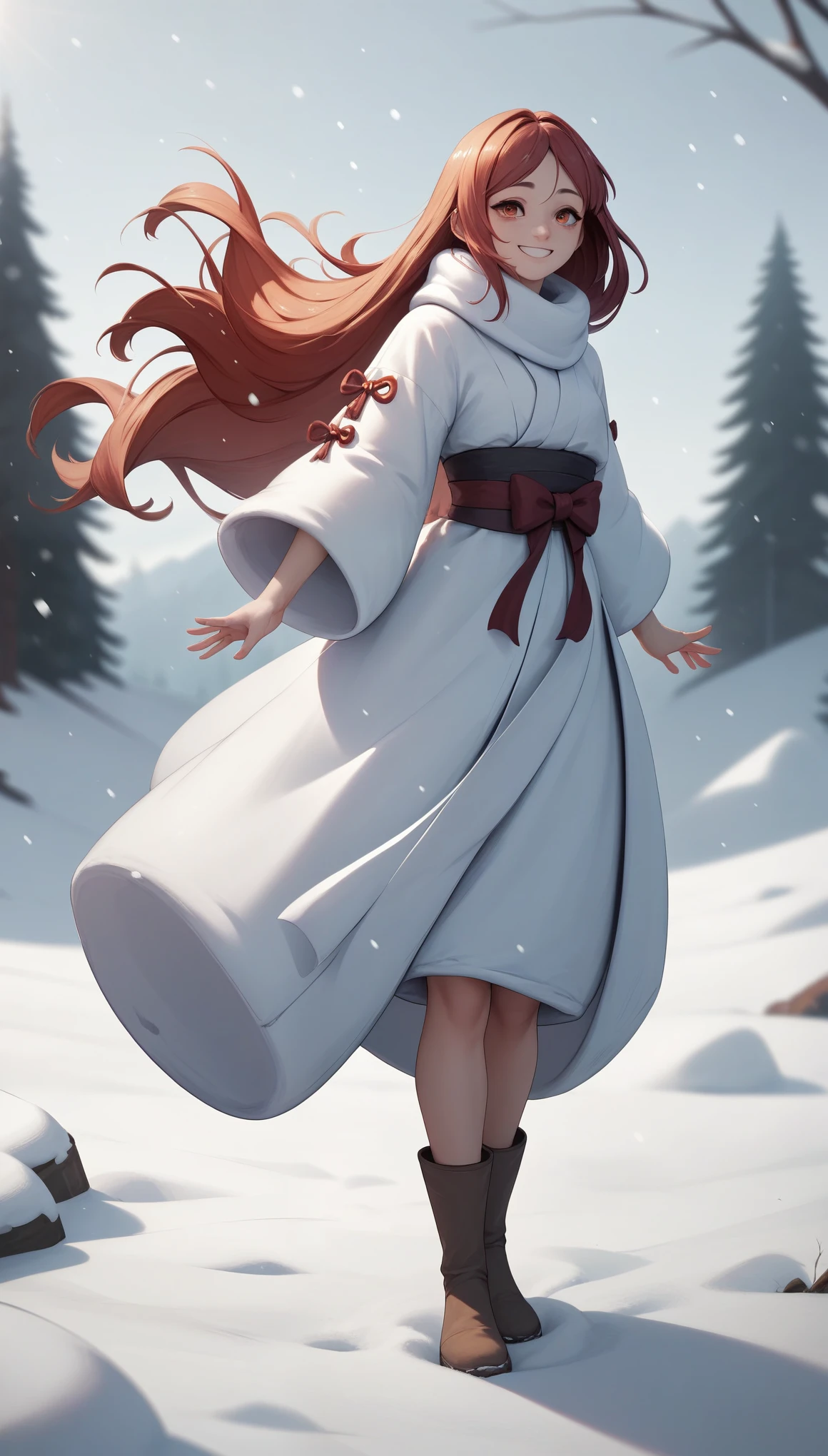 Best quality, 4K picture quality, 1girl, white Hanfu, snow, long hair fluttering in the wind, healing smile, large aperture, blurred background