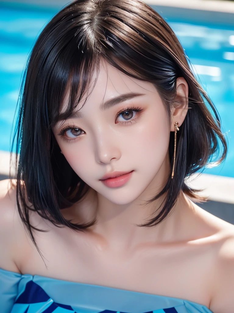 Masterpiece, top quality, ultra high resolution, (photorealistic photo: 1.4), ((1 girl, white fair skin: 1.4, kneeling, from above, looking up at the viewer, face close-up, 19 years old, pretty, cute, black hair, bob_cut, short hair with bangs, big breasts)), (bikini swimsuit, simple blue and white two-tone swimsuit, shiny shiny shiny swimsuit, shiny swimsuit with reflective surfaces), (smile, happiness, joy, cheerfulness, close mouth), (breasts tucked between arms and breasts), high detailed eyes, ((Really pure white background, empty background)))), long neck, (short hair with bangs)))), eyelashes, big eyes, (((very beautiful, very beautiful))), (((natural light, put out your ears, stare at the viewer, seduce the viewer, huge, highlight in the eyes) ))