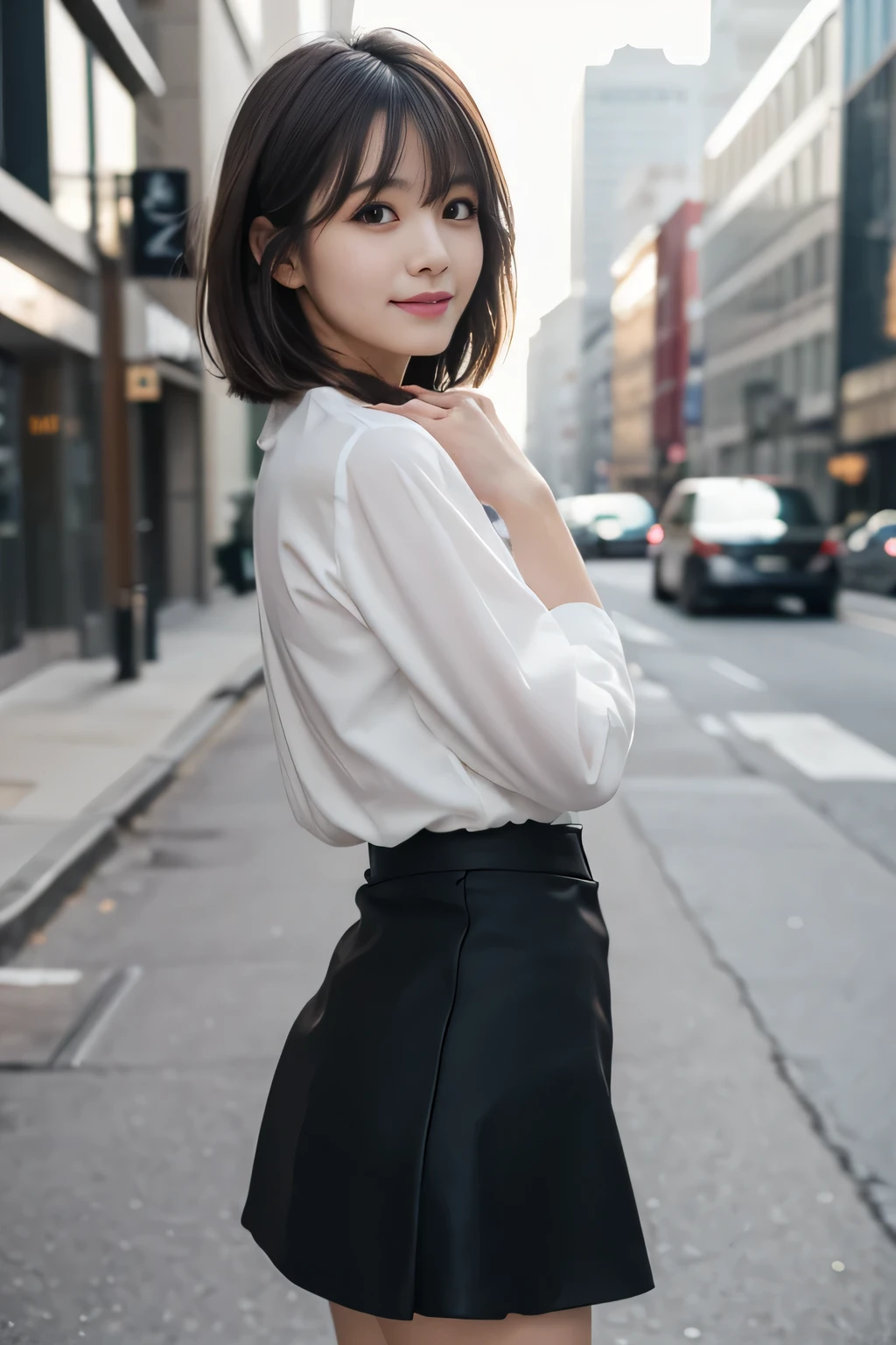  thin legs, , New York's Night View、blurred background, sidewalk, RAW photos, 8 thousand, best quality, ultra high resolution, beautiful face details, real human skin, soft expression, front view, angle from below, long hair, realistic, realistic, cute, lower body in panties,  cute女子大学生, office lady, laugh、Japanese、Japanese美女、professional fashion model, whole body,perfect face、Perfect body line、Short hair style,Upper body photo、