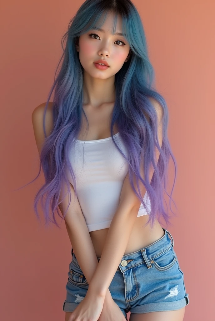 arafa woman (Asian African American))with long rainbow hair and a neon cyberpunk tank top, portrait, She has a pretty face, webcam images, neckline, to hide, sexy look at the camera, Photographed on webcam, 4 8 0p, 480p, Your chest, she is in front of the camera, Beautiful woman, disco background, RGB, LED party lighting