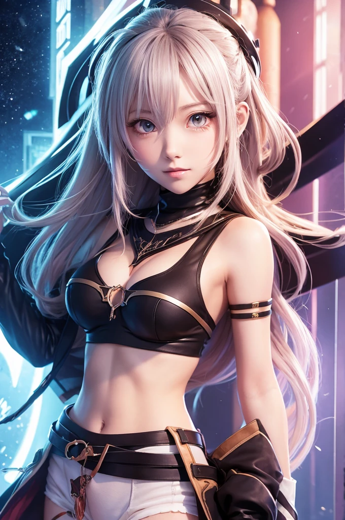 Best, Masterpiece, High Resolution, Best Quality, Ultra HD, Super Detail, Award-Awarded, 16k, (Upper Body), Anatomically Correct, Action Pose, Beautiful Maiden, Cute Face, Gray Hair, Gradient Hair, Hair, ((Heterochromia)), Long Eyelashes, Hanging Eye Corners, Fair Skin, (Small), (Slim Body), ((French Collared Clothes)), Stud Earrings, (Neck Rings), Very Very Short Short Glove, (Metal Waist Chain), (Lower Body Pendant), (cross decoration), (leg ring), (chain),