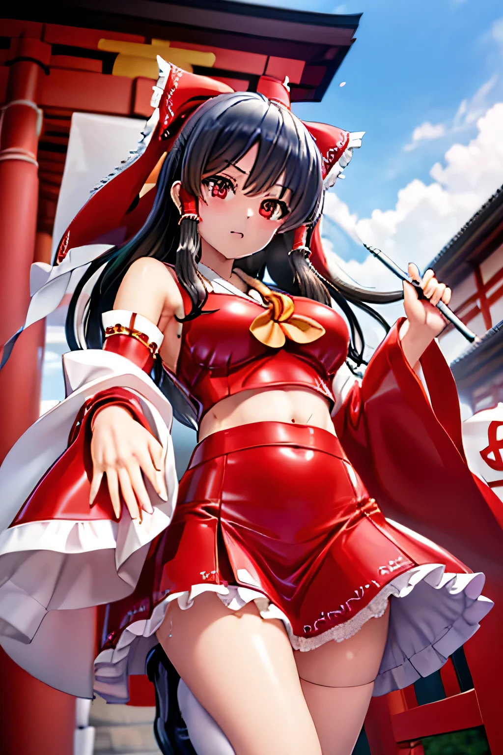 Perfect Anatomy　Best Quality,Highest Resolution,(((Latex shrine maiden outfit　Black Hair　sweat)))　Removable sleeves　Reimu Hakurei