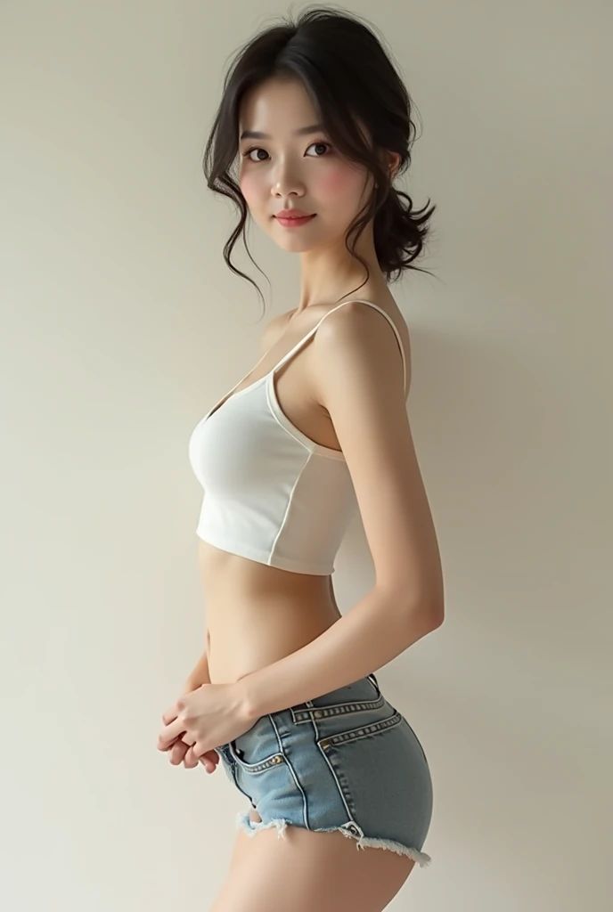 ((Top Quality, 8k, Masterpiece: 1.3)), Sharp Focus: 1.2, Perfect Body Shape Pretty Woman: 1.4, Slender Abs: 1.2, ((Dark Brown Hair, Huge Breasts: 1.4)), (Wearing a Swimsuit, Jean: 1.1), Urban Area: 1.2, Highly Detailed Face and Skin Texture, Detailed Eyes, Double Eyelids