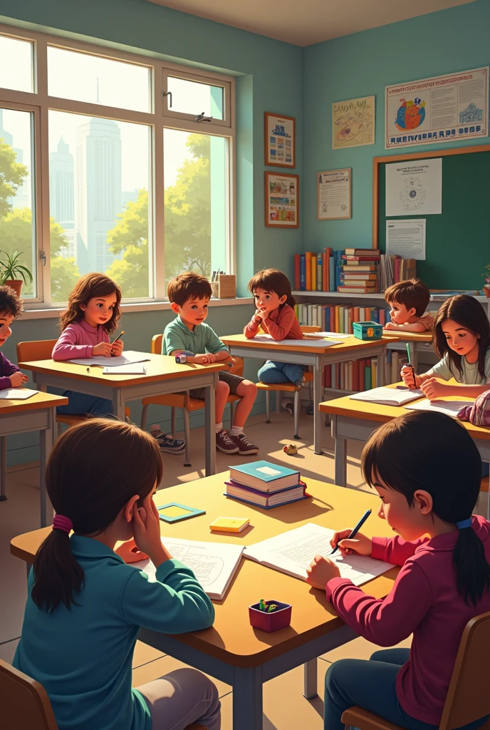 Watercolour. Detailed. A 5-year-old girl, blonde European, is in an old and beautiful classroom, she is wearing school uniform with backpack on the back and it is her first day of school. The room has large windows and illuminated by sunlight, the room has many children, boys and girls of the same age as her, light and shade, colorful
