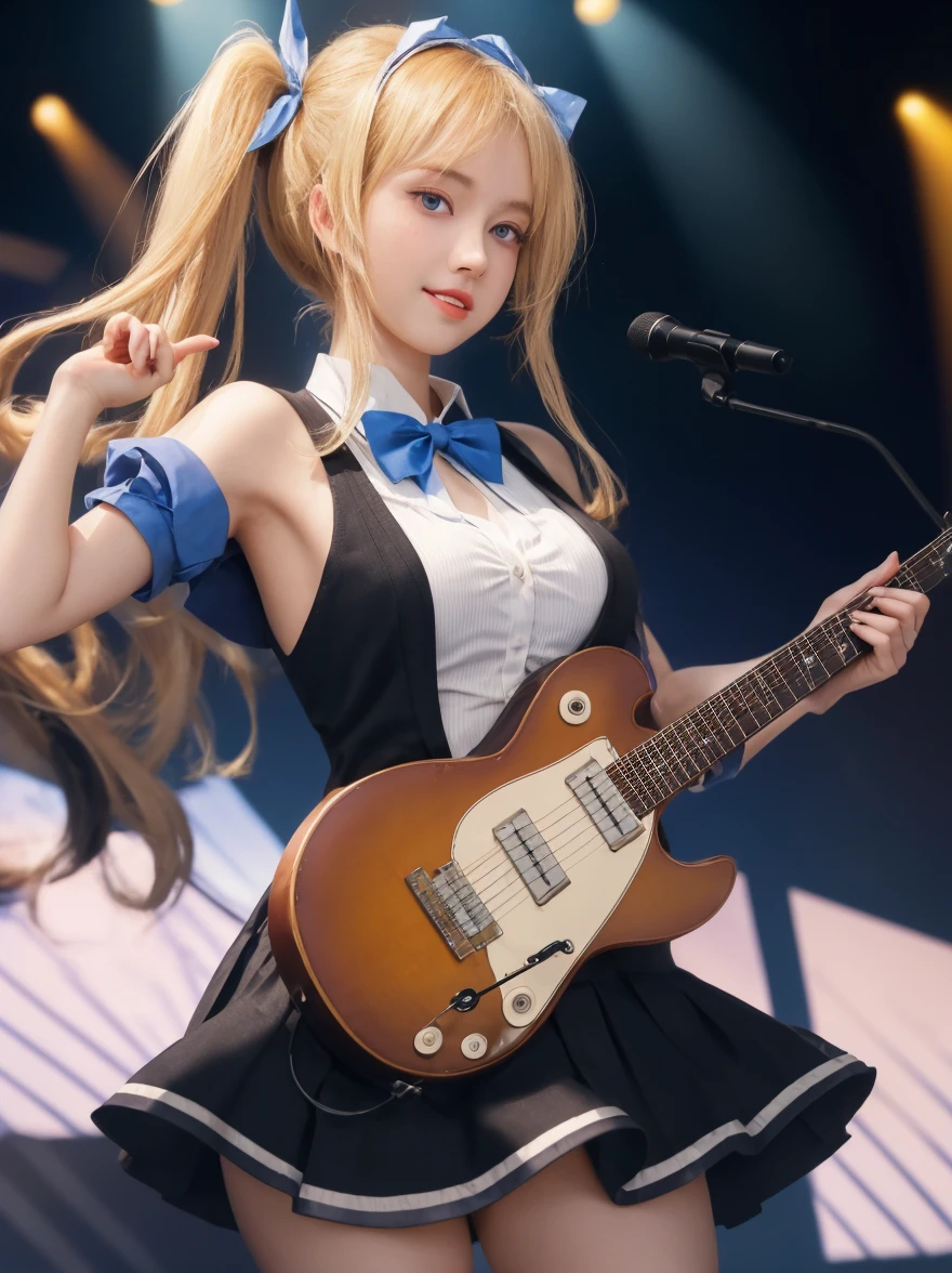 masterpiece, best quality, ultra-detailed, illustration, an extremely delicate and beautiful,high resolution, ultra-detailed,,perfect face,slender perfect body, Tight belly,Toned buttocks,Constricted waist,,(girl plays the guitar:1.7), (black skin:1.3),15yo,(yellow hair),(braided hair),(blazer uniform:1.3),(big smile),(open shirt:1.2),(tattoo on thigh:1.3),(very short hair), shy daughter, short stature,(rock and roll star:1.3),(big breasts),(on a luxurious stage), (band girl),((very wide shot )),( sweaty skin:1.2),(low view:1.5),(spread legs:1.3),(show off panties)