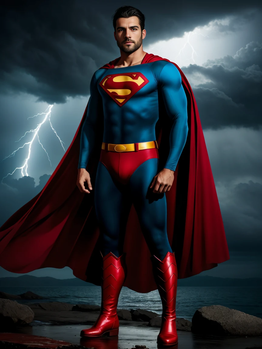 1man, A full body shot of a charismatic male fitness model, 30 years old，small beard, Sexy and charming expression，gloomy eyes，Blue eyes, flying around, Dark clouds lightning background, wetclothes, dressed in tight blue Superman suit, a red cape falls behind his shoulders, and he wears red boots, soft natural lighting, cinematic and moody, (best quality,4k,8k,highres,masterpiece:1.2),ultra-detailed,(realistic,photorealistic,photo-realistic:1.37),HDR,studio lighting,professional,vivid colors,dramatic lighting