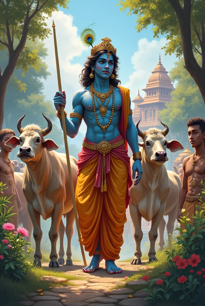 Shree kishan  at front of cows behide the trees
