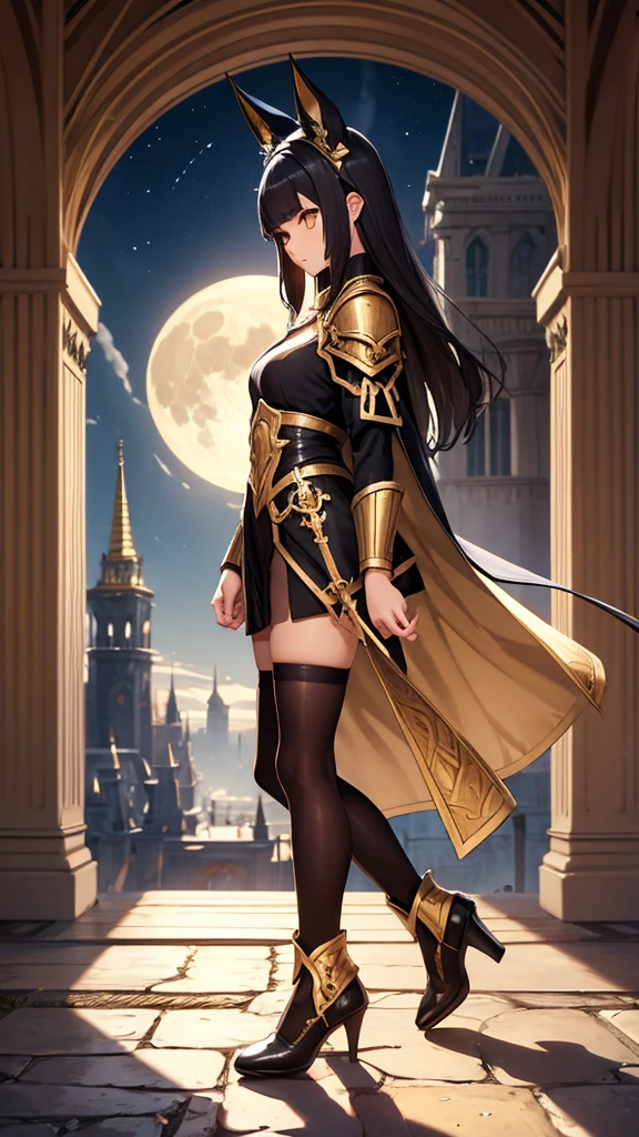 Woman profile,Only one person is depicted,Side view, Above the knees image,Full moon in the night sky, masterpiece, Best Quality, Straight black hair,Hair length down to chest, Cat ears, Golden Eyes, A dignified expression, A female warrior wearing black and gold armor, The chest size is medium, Black thigh-high socks, Black mini skirt, Balcony on the top floor of the ruined castle, Place one hand on the parapet, Fantasy,