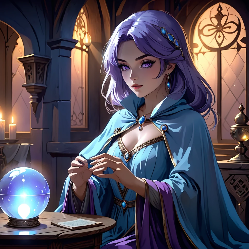 8k, ultra detailed, masterpiece, best quality, (extremely detailed), full body a human (intense details, Masterpiece, best quality: 1.5), female (intense details, Masterpiece, best quality: 1.5), mage, arcane wizard, manipulating magical energies (intense details, Masterpiece, best quality: 1.5), in a magical laboratory (intense details, Masterpiece, best quality: 1.5), female human (intense details, Masterpiece, best quality: 1.5), wearing white robe (intense details, Masterpiece, best quality: 1.5), purple cloak with magical sigils (intense details, Masterpiece, best quality: 1.5), extremally beautiful woman, dark skin (intense details, Masterpiece, best quality: 1.5), black hair, long hair, braided hair, dynamic eyes, magic lab. bickers, vials, arcane book shelves, candles light, dynamic light