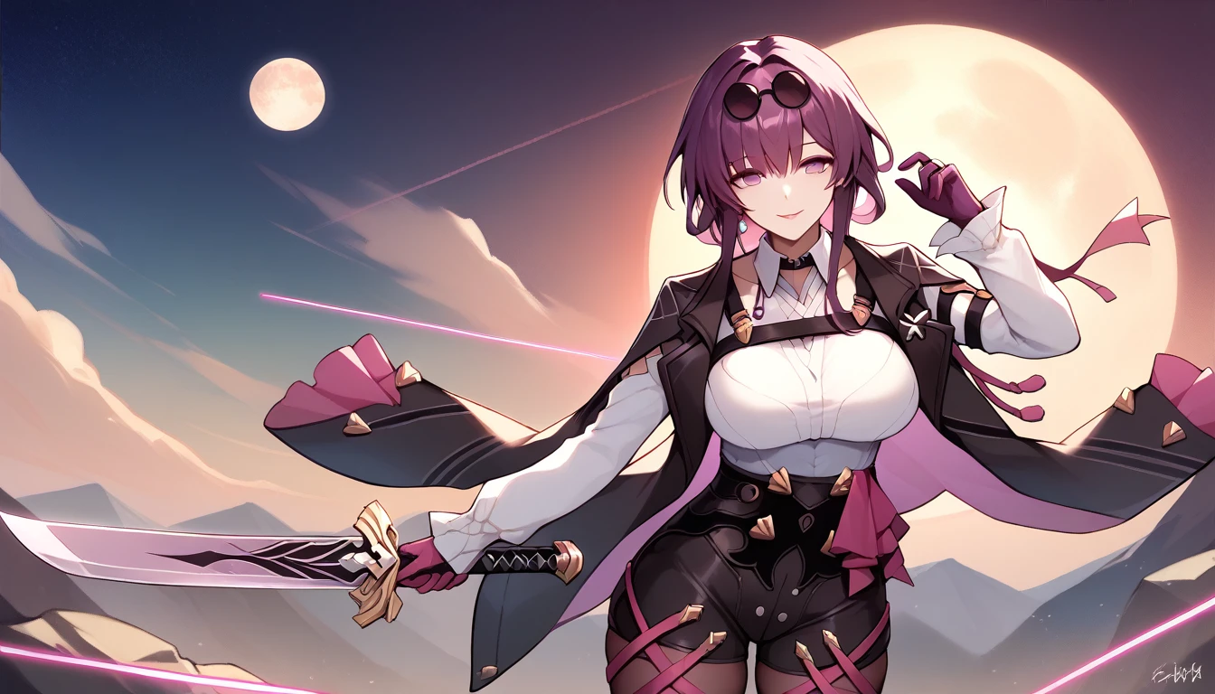 One Girl,Kafka, Purple eyes, Purple Hair, bangs, Side Lock, Please put your glasses on your head, earring, White shirt, Collared shirt, Long sleeve black jacket, Jacket on shoulders, Harness, Large Breasts, Purple gloves, Black shorts, High Waist Shorts, Purple thigh straps, Pantyhose, Single thigh high boots,There are no students, Black choker, ring, Expose your shoulders, pearl earring, Armband,masterpiece, Anatomically correct, 8k,(background,moon,detailed),Cowboy Shot,Captivating smile,Ready your weapons?,Long and thin Japanese sword,