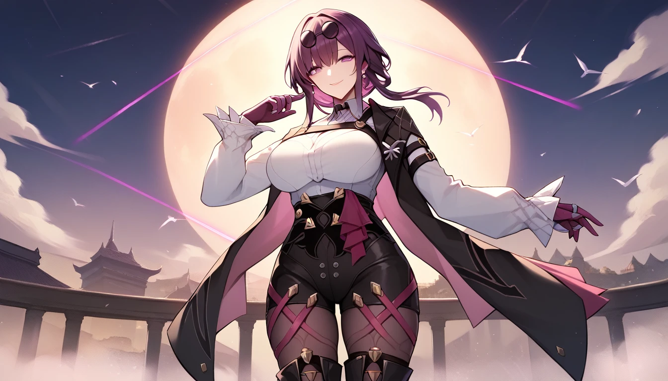 One Girl,Kafka, Purple eyes, Purple Hair, bangs, Side Lock, Please put your glasses on your head, earring, White shirt, Collared shirt, Long sleeve black jacket, Jacket on shoulders, Harness, Large Breasts, Purple gloves, Black shorts, High Waist Shorts, Purple thigh straps, Pantyhose, Single thigh high boots,There are no students, Black choker, ring, Expose your shoulders, pearl earring, Armband,masterpiece, Anatomically correct, 8k,(background,moon,detailed),Cowboy Shot,Captivating smile,Ready your weapons?,Long and thin Japanese sword,