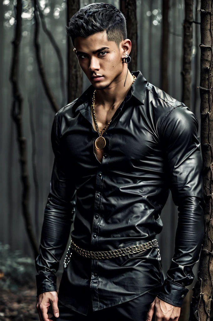 Only a one young man with curly black hair and tanned skin playing a guitar, his muscular body covered in tattoos, dressed in a black trenchcoat, standing in a dimly lit bar, (best quality,4k,8k,highres,masterpiece:1.2),ultra-detailed,(realistic,photorealistic,photo-realistic:1.37),,full body shot, golden earrings, deformed face, chiaroscuro lighting,intricate details,exquisite textures,portraits