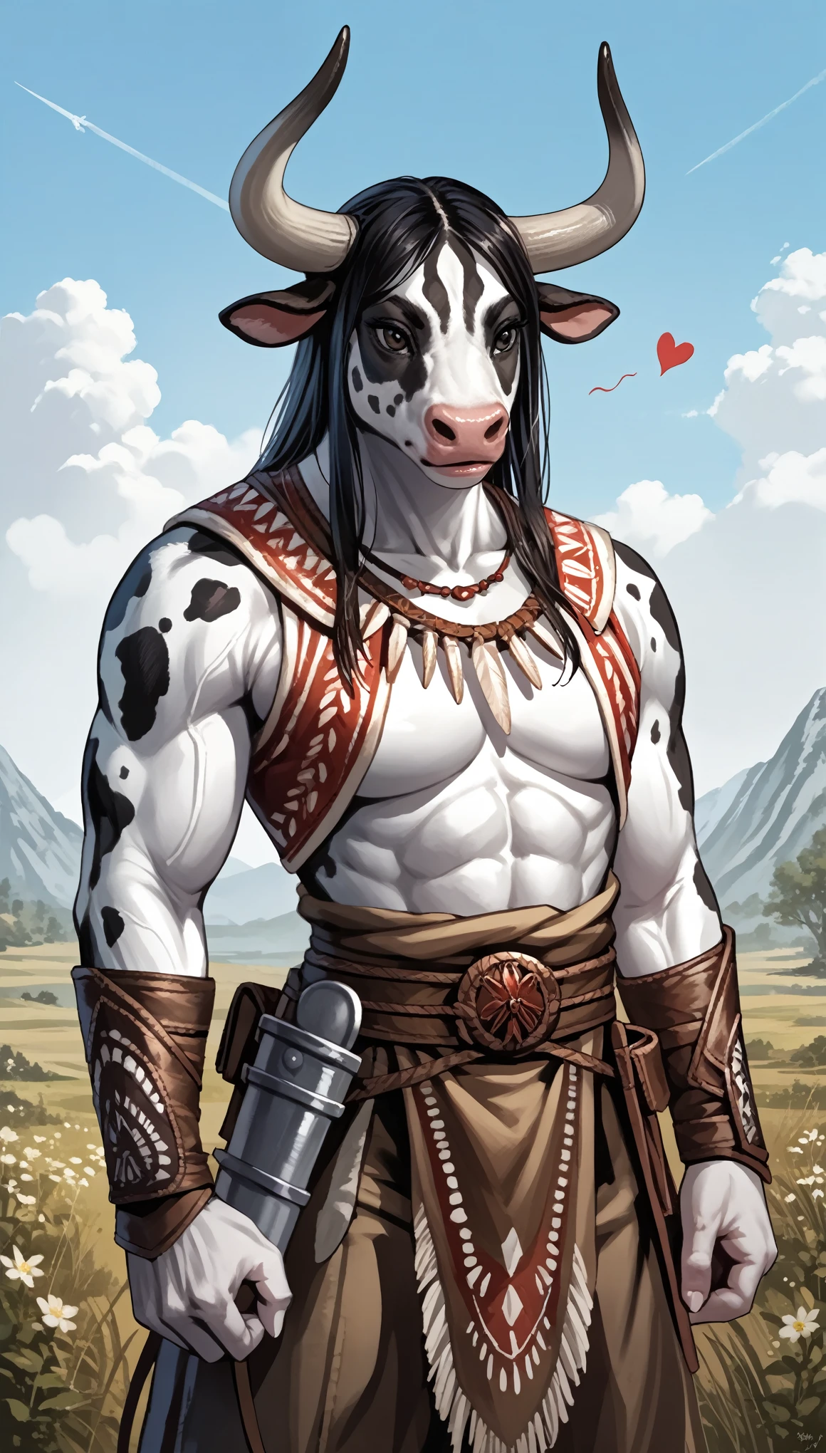(zPDXL2), (PonyXLV6_Scores), source_anime, source_anthro, source_furry, Expressiveh, solo, four-quarter portrait, BREAK
a detailed character portrait, clearly worked out detail, (1girl), female taurus, cow, (black white spotted skin), warrior, fighter, athletic, cute face, (wearing tribal clothes, rags), lithe, detailed face, realistic, raw, photorealistic, physically-based, motion