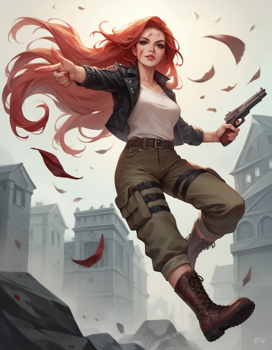 (masterpiece: 1.2), (best quality: 1.2), (highly detailed: 1.3), highres, best illustration, 4k, perfect lighting, battlefield, wind breeze, full body, full body shot, solo, 1girl, perfect anatomy, perfect face, red hair, hair braid, detailed armor, leather skirt, garter feel, black gloves, cleavage, female boots, hard , closed mouth, green iris, looking at viewer, perfect lighting, epic realism