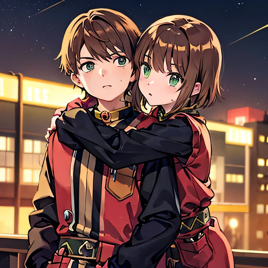 A girl with green eyes, short brown hair , red blouse with long sleeves, googles her hair, affectionately hugging a boy with short black hair, ojos marrones, lentes, red jacket with a night city behind them and shooting stars in the sky, sice difference 