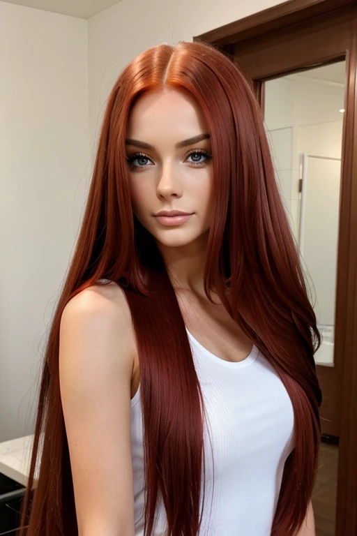 Luana Ember is a 20-year-old Latina digital influencer with a slender build. She has long, wavy red hair and brown eyes. Luana is known for her optimistic and hard-working nature. She loves anime and traveling, often merging her artistic talents with her everyday life. Despite her busy schedule as an influencer and model, she always finds time for her creative passions., streaked hair, red hair, Surrealism, symmetry, Canon, Sony FE GM, UHD, super detail, high quality, 16k