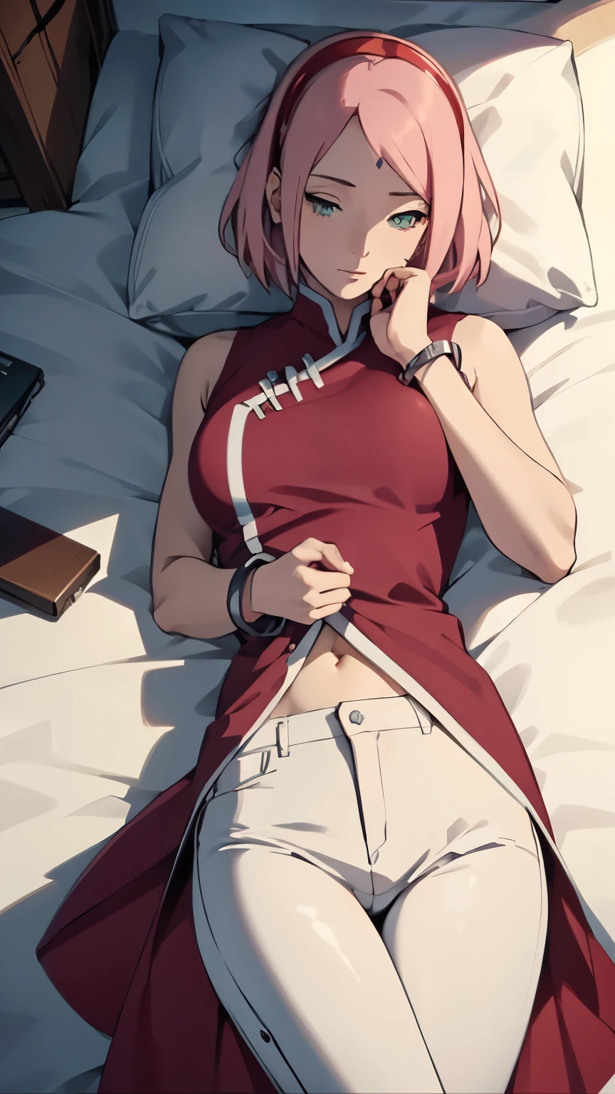 { masterpiece : best quality : high resolution : unity 8k wallpaper : illustration : beautiful detailed eyes : extremely detailed face : perfect lighting : extremely detailed CG : perfect hands : perfect anatomy } {anime_filter} { in_a_dirty_messy_room } { 1girl : Haruno_Sakura : short_hair : Perfectly_shaped_breast : Perfectly_fit_body : sleeping : unconscious : (forehead mark, red hairband, red sleeveless dress, white pants,navel, groin, bracelet) } { laying_down : bed : }