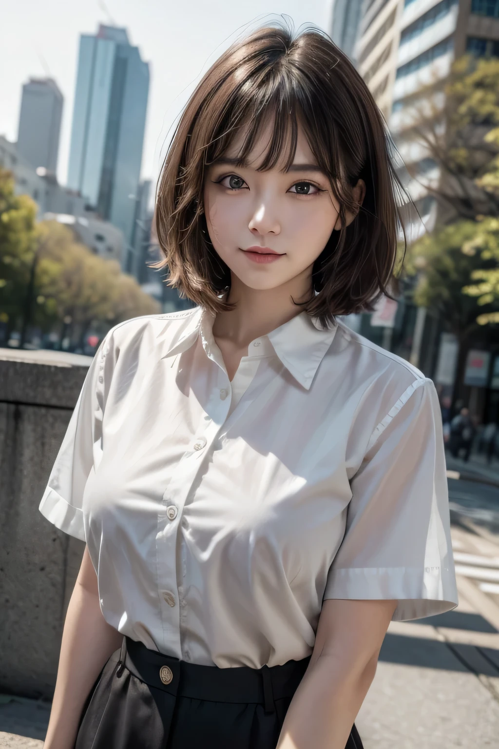 absurdres, RAW photo, extremely delicate and beautiful, masterpiece, Best Quality, ultra high resolution, 32k, hyper realistic, ultra-detailed, Very detailed CG 8k wallpaper, detailed background, landscape, Beautiful Lighting, Perfect Lightning, Realistic Shadows, perfect ???????, anatomically correct, ideal ratio body proportions, perfect figure, Perfect Style, Perfect balance, super Detailed skin, in her 10s, very Slim body, narrow waist, very small head, very small face, delicate facial features, handsome detailed woman, very detailed eyes and face, realistic face proportions, Realistic beautiful face, Realistic beautiful eyes, tearful mole, earring, very huge round ????, medium short hair, asymmetrical hair, wavy hair, (collared shirt), (???? legs), full body shot, whole body shot, clavicle,