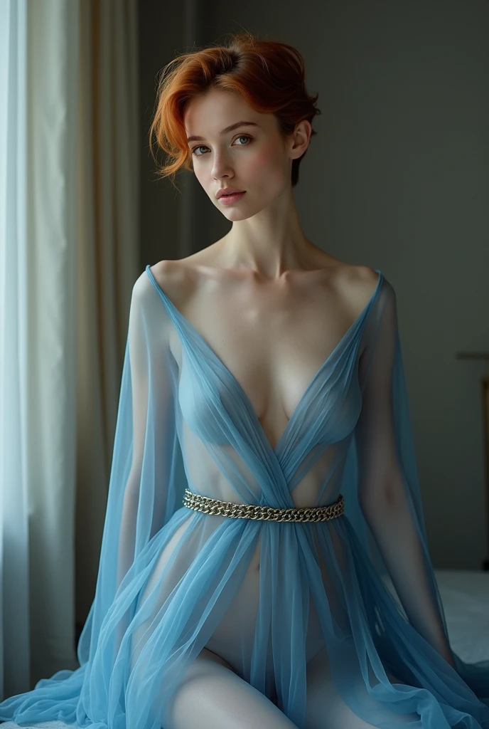 RAW photo, a full body photo of  ceciliadeo1sd,auburn hair, short pixie haircut, pale skin, slim body, room background, blue silk veil,thin silk chain belt, (high detailed skin:1.2), 8k uhd, dslr, soft lighting, high quality, film grain, Fujifilm XT3