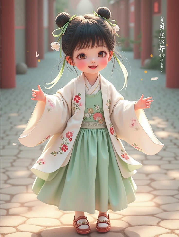Close-up of a child wearing a pink dress,Butterflies fluttered around her, 宮 , A girl in Hanfu, lovely digital painting, TRADITIONAL CHINESE COSTUMES, Belle peinture de personnage, Smiling with eyes bent like a fairy queen, Chinese outfit, ChineseGirl, Hanfu, Wearing ancient Chinese clothes, cute character, cute cartoon character, Chinese traditional, high quality character design, adorable digital art,flowers meadows,Green meadow,