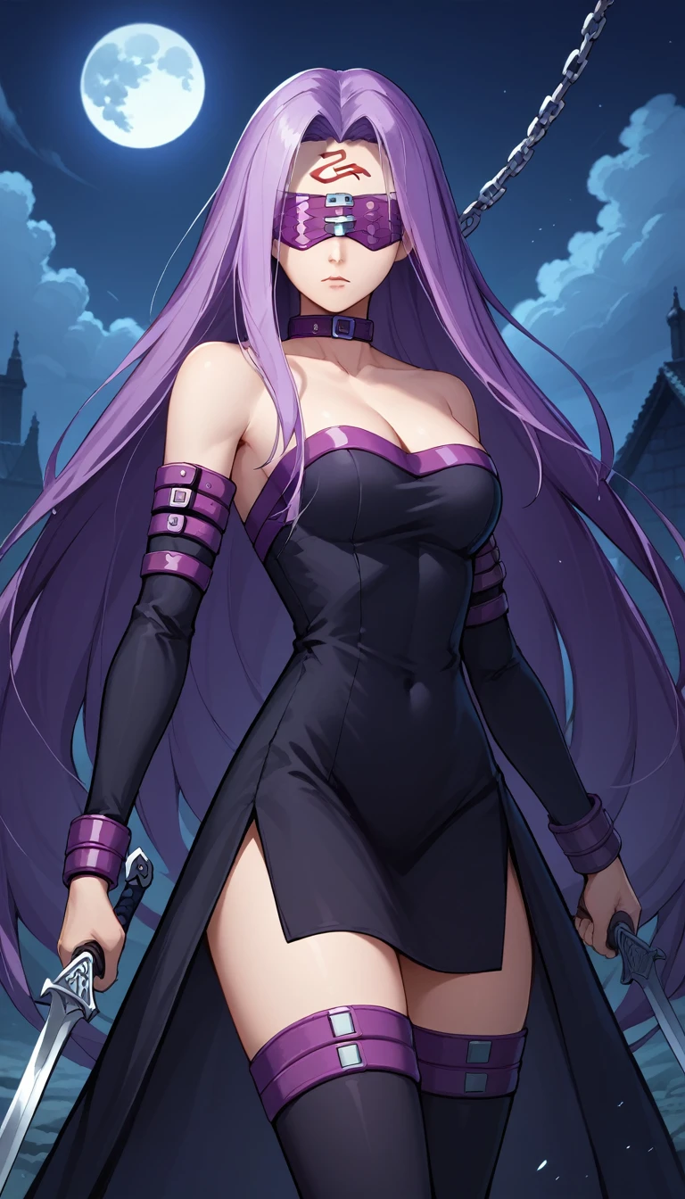 score_9, score_8_up, score_7_up, source_anime,
medusarider, medusa rider, long hair, very long hair, purple hair, facial mark, forehead mark,
thighhighs, dress, cleavage, bare shoulders, detached sleeves, black dress, collar, strapless, strapless dress, blindfold,
outdoors, night, night sky, moon, clouds,
looking at viewer, cowboy shot, dutch angle, fighting stance, weapon, chain, knife,