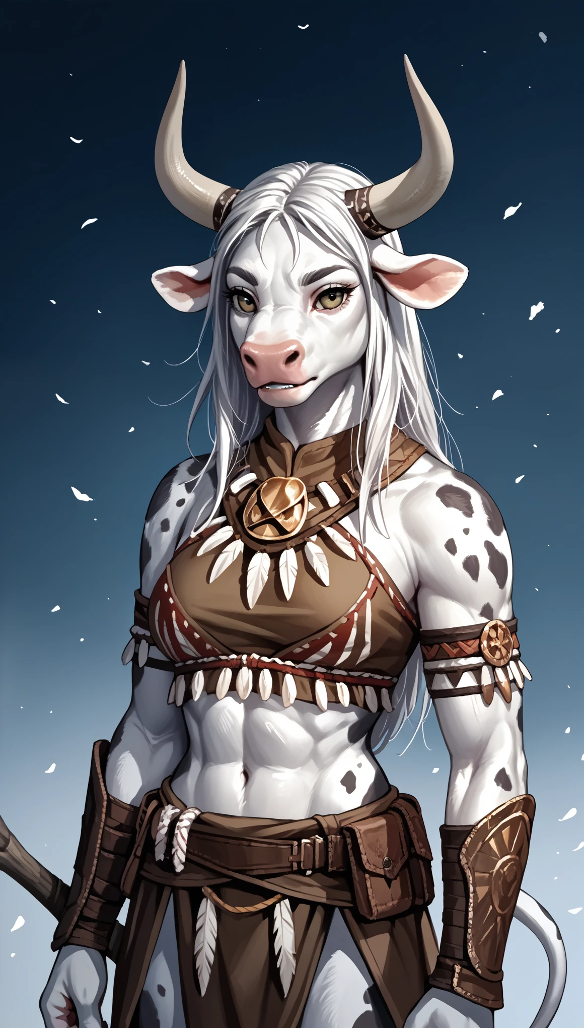 (zPDXL2), (PonyXLV6_Scores), source_anime, source_anthro, source_furry, Expressiveh, solo, four-quarter portrait, BREAK
a detailed character portrait, clearly worked out detail, (1girl), (female taurus), (cow black white spotted skin), warrior, fighter, athletic, cute face, (wearing tribal clothes, rags), lithe, detailed face, realistic, raw, photorealistic, physically-based, motion