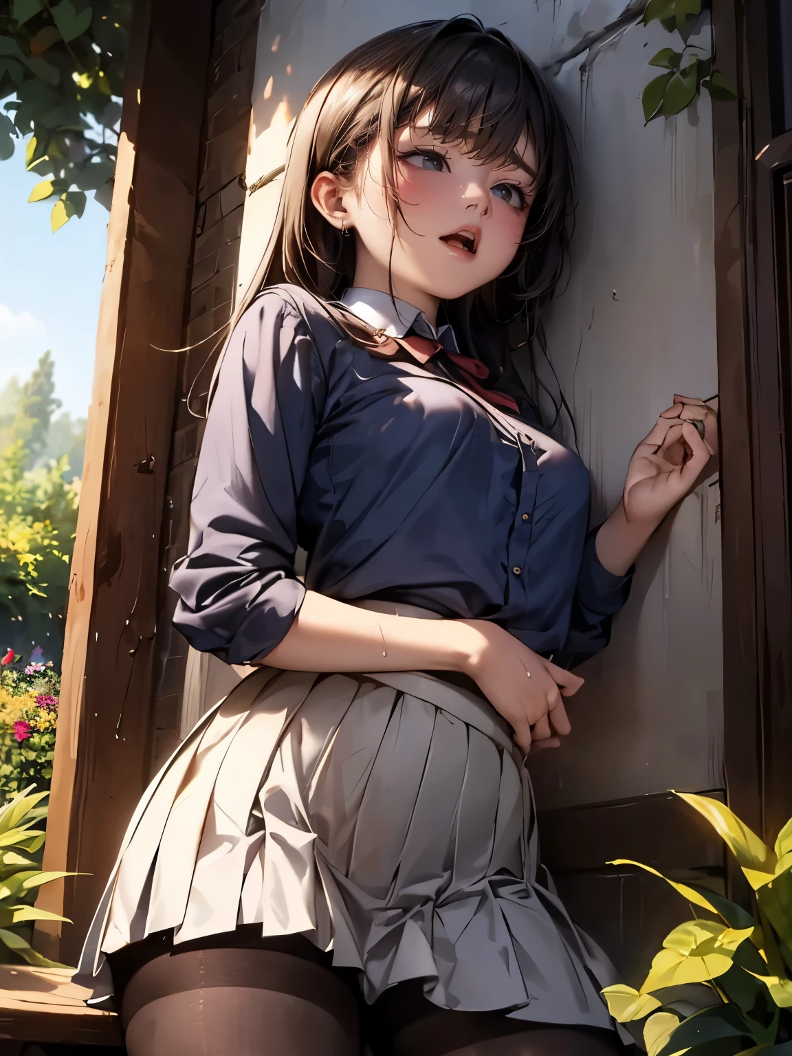 (angle from side), (((round face))), drooping eyes, tiny earrings, ((pleated (long) skirt with thighs, ribbon, wet see-through shirt with areolas, black pantyhose, ((standing and straddling to hit her crotch area against a corner of the table for masturbation while hiding her crotch by her long skirt)), open mouth, tongue, plants, in the garden,