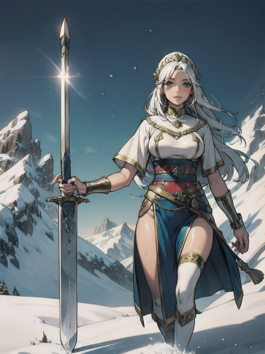 Draw the sword of the snowy mountain, Ancient women&#39;s cold ice flame sword, A sword blazing with blue flames in hand, White-clothed sword dancing in the snow, long hair fluttering, A beautiful woman with a long silver sword, Wear the jade gem, Her face is full of confident smiles, She floats in the clouds like a fairy, Behind her is a mountain々There are layers of  