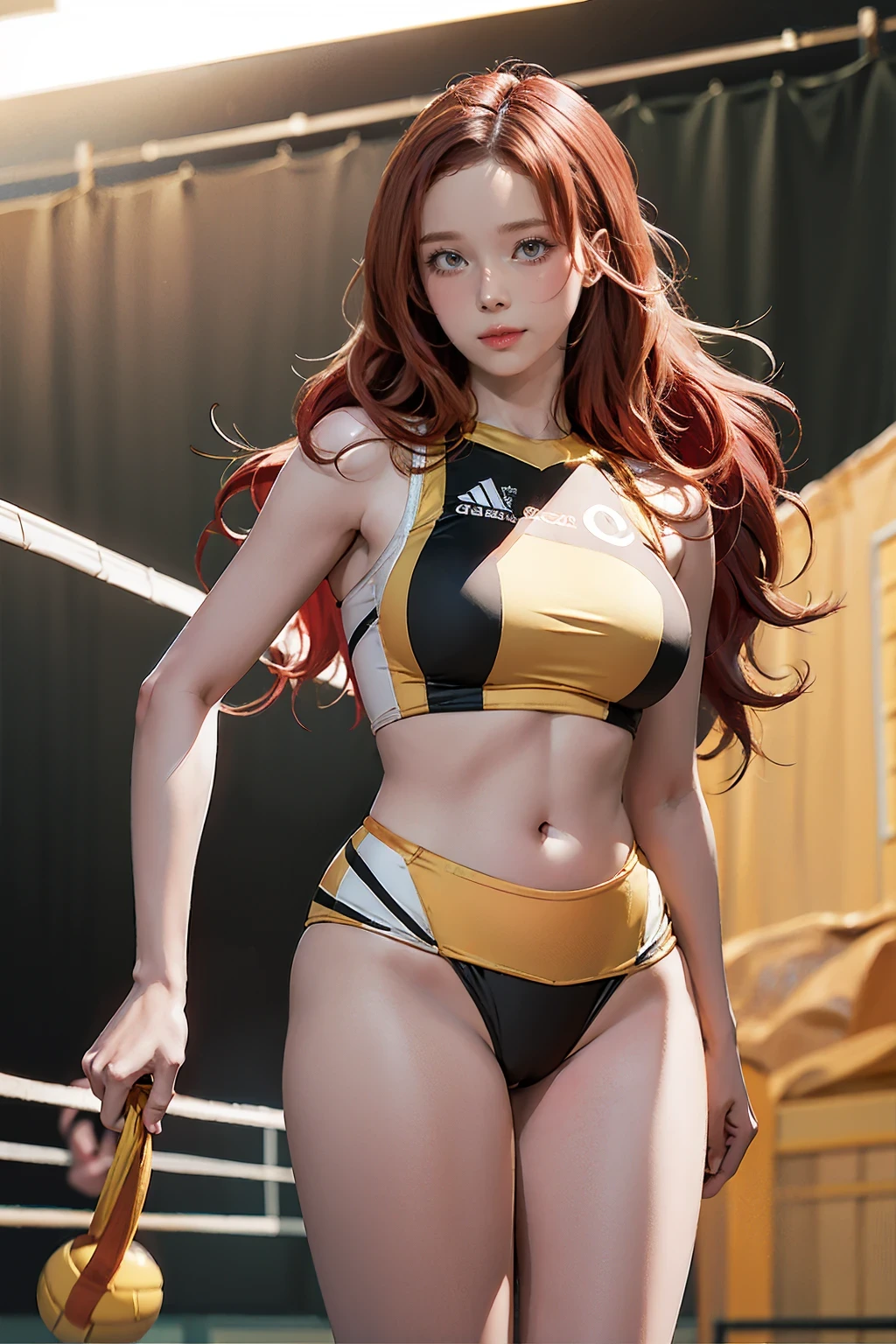 Bright colors, Saturated colors, colorful, 1 girl, Beautiful Face, black and orange volleyball uniform, Long Hair, Redhead, Golden Eyes, Indoor volleyball court background, Better Quality, artwork, Sensual pose, But confident,NSFW,Large Breasts, Small waist