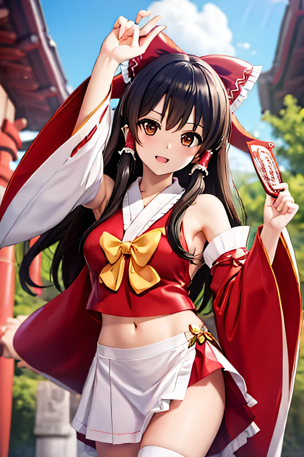 Perfect Anatomy　Best Quality,Highest Resolution,(((Latex shrine maiden outfit　Brown eyes　Black Hair)))　Removable sleeves　Reimu Hakurei　