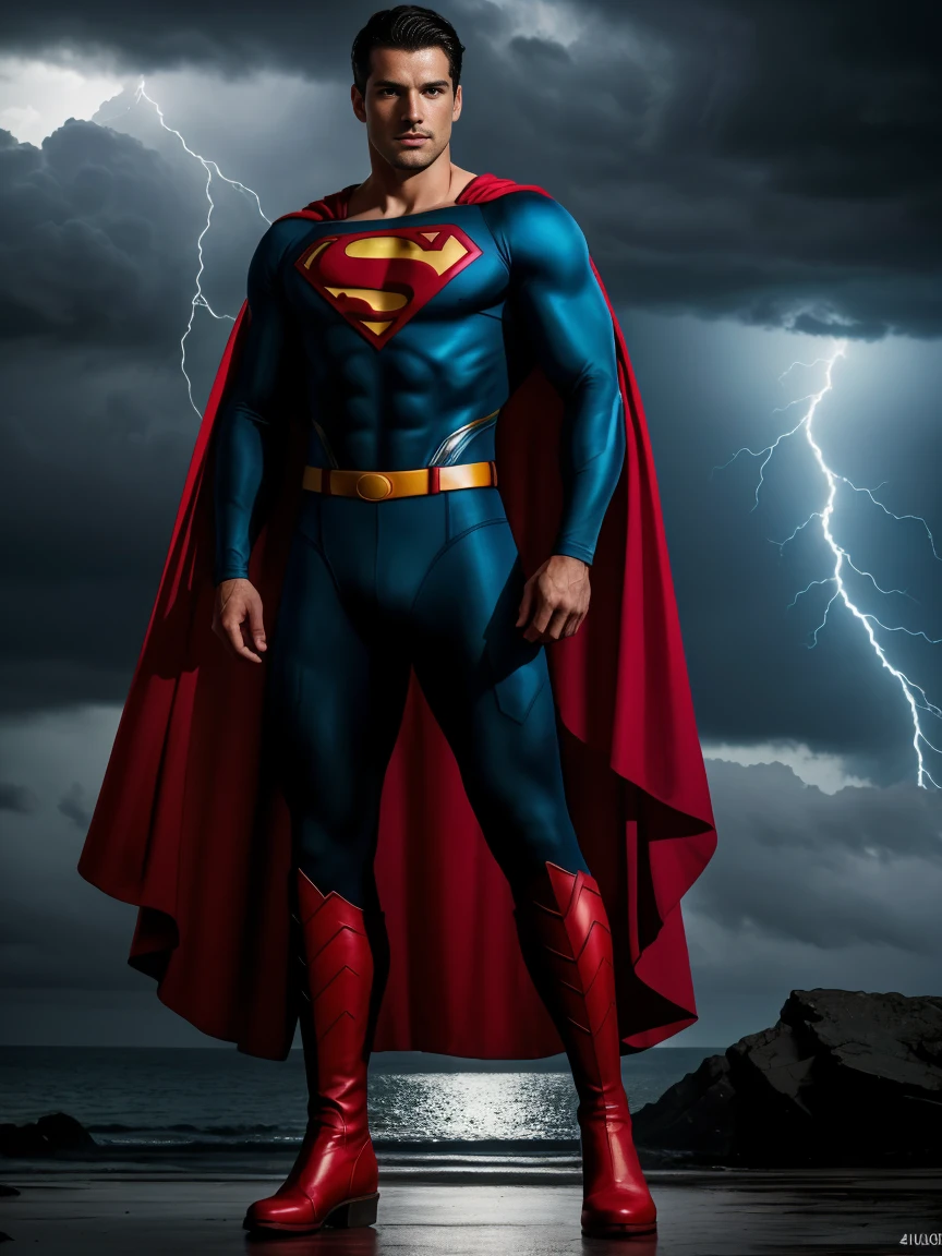 1man, A full body shot of a charismatic male fitness model, 30 years old，small beard, Sexy and charming expression，gloomy eyes，Blue eyes, dark storm clouds and lightning background, wetclothes, dressed in tight blue Superman suit, a red cape falls behind his shoulders, and he wears red boots, soft natural lighting, cinematic and moody, (best quality,4k,8k,highres,masterpiece:1.2),ultra-detailed,(realistic,photorealistic,photo-realistic:1.37),HDR,studio lighting,professional,vivid colors,dramatic lighting