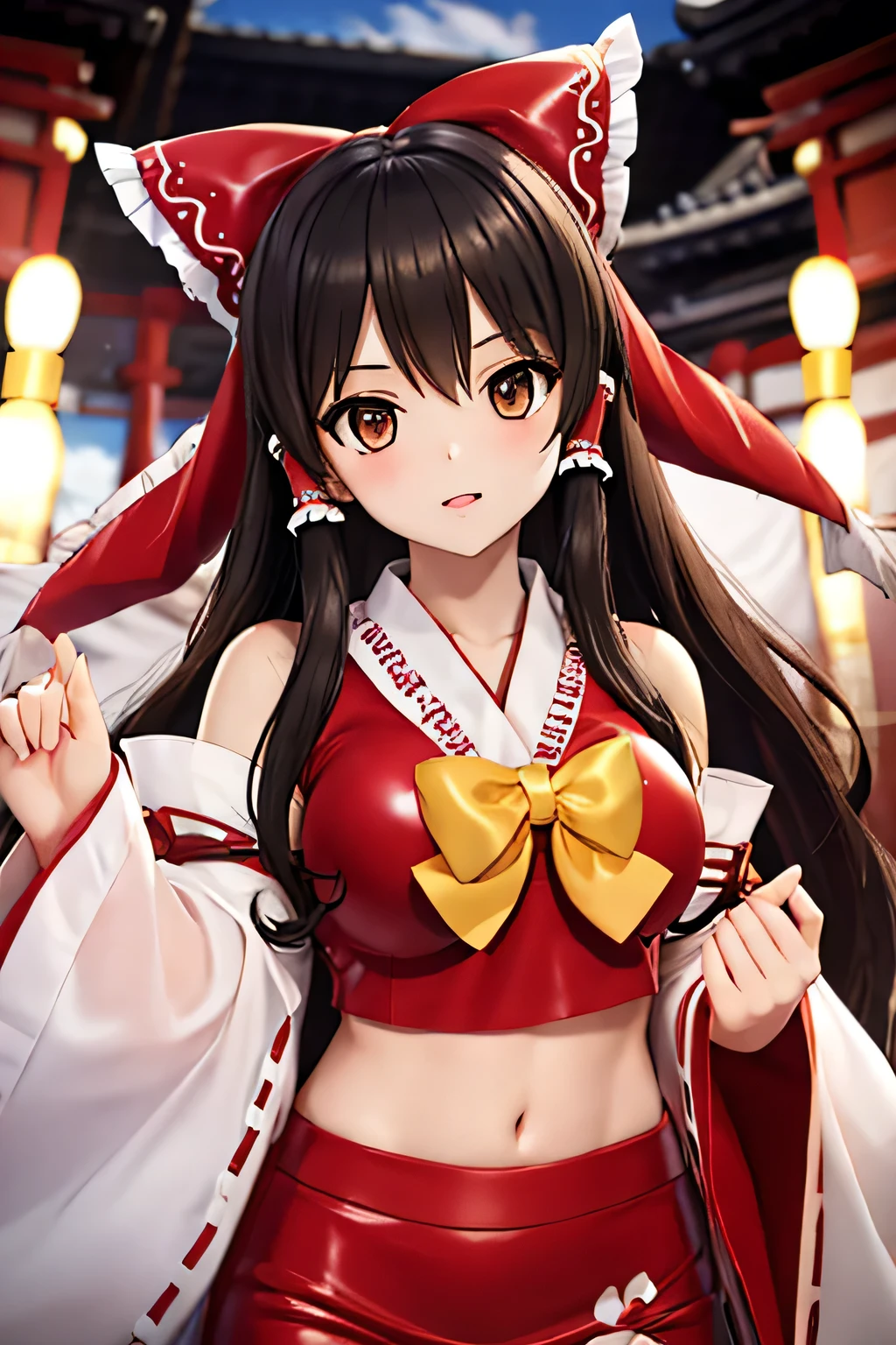 Perfect Anatomy　Best Quality,Highest Resolution,(((Latex shrine maiden outfit　Brown eyes　Black Hair)))　Removable sleeves　Reimu Hakurei　