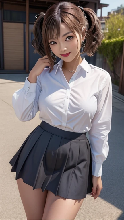 Highest quality、超A high resolution、(Photorealistic:1.5)、1 girl、(Brown Hair:1.2)、(Big Breasts:1.2)、Whole Body Ezbian、Schoolの教室、machine、Sitting in a chair、Smile、Bad Eyes、(Fascinating), ((exciting: 1.5)),Black skirt, , White panties, socks, shirt, School, Knee-length, 白のshirt, loafers, Lively, Pleated skirt, Look to the side, Brown footwear, masterpiece,