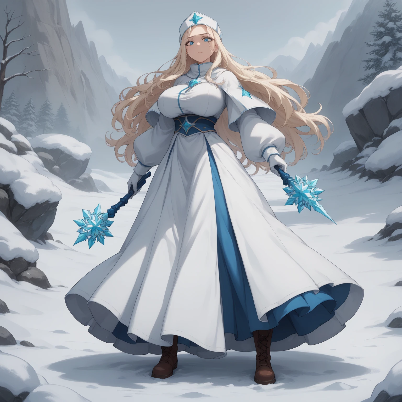 Snow , An ice priestess with a majestic, icy beauty. Her hair is long and white as snow, His clear blue eyes reflect the serenity of the glaciers, and her skin has a slight glow, as if always under the moonlight. Snow tiene un control absoluto sobre la magia del hielo, able to summon winter storms, create ice weapons and heal their allies with healing cold. Although she is quiet and of few words, Snow irradia una presencia calmante y protectora, being the perfect balance between destructive power and compassion. His past is shrouded in mystery, since it comes from a distant land covered by an eternal winter, where she was trained to become the guardian of the elements, layer, long skirt, big breasts, BOOTS, CHEATING FACE, Peacefu, liston, long hair
