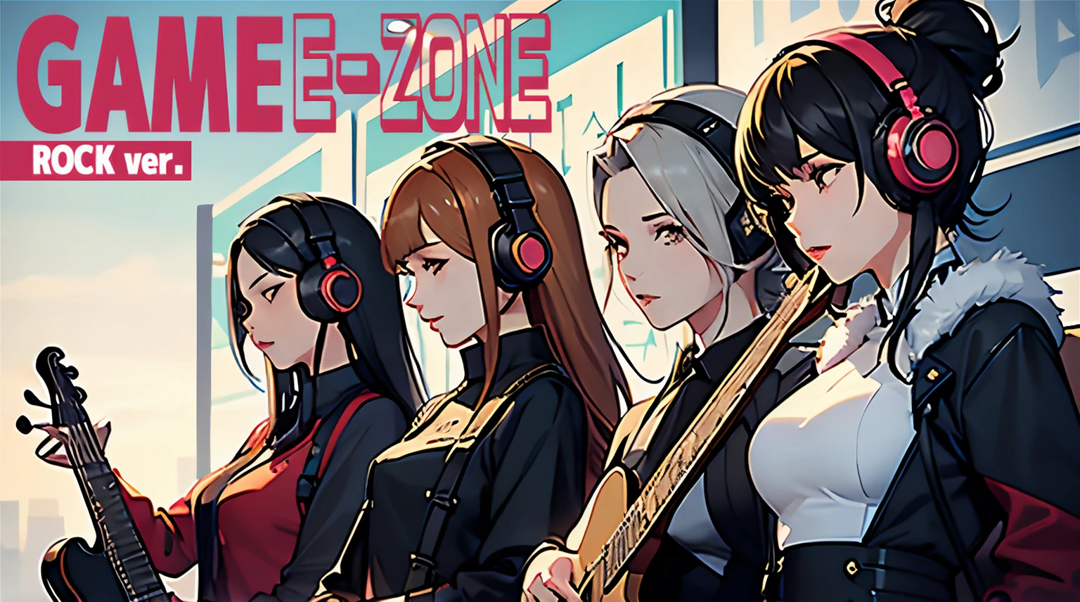 (masterpiece), Highest quality, Expressive eyes, Neon pastel aesthetics, Retro 90s, Neon color,((Girl sitting on sofa,In a cozy room,Records hanging on her wall, Comic books on the floor, Looking out the window behind her at the night city, Upholstered room, Anime figures lined up on a shelf)), Wearing headphones, (All around her it sparkles), (Wearing high socks and heels), (blue eyes), (Soft look), (Synthwave Art Style), Colorful Hair, Desk with PC set up