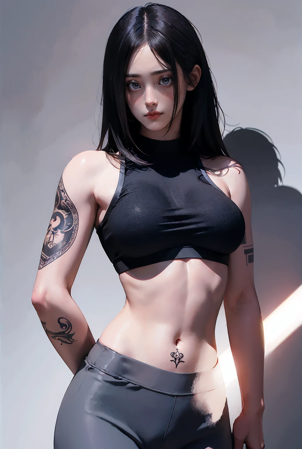 solo, 1girl, (masterpiece), ((14 year old appearance)), mohalk punk hair, small breasts, yellow eyes, ((detailed eyes)), (athletic body), (simple black cropped), (simple sexy micro black top with red details), Looking at the screen, orange lipstick, visible abs, (simple micro kinky thong), navel, (collarbone), (cyberpunk scenery background)