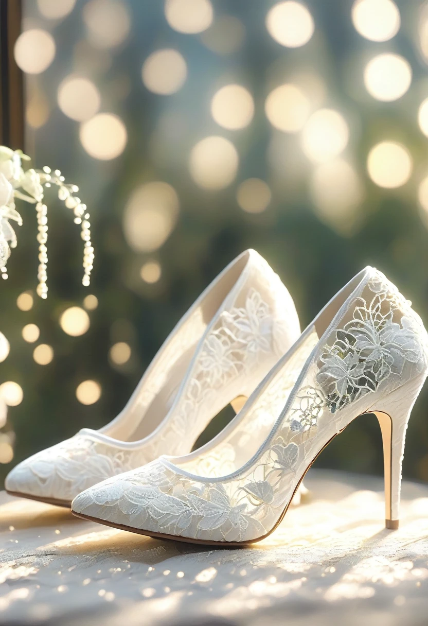 White laceで出来たHigh Heels, Beautiful Lace High Heels, Lace High Heels for room decoration, Indoor, White lace, Very delicate lace, Best quality:1.2, 4K, 8K, Very detailed, High Detail, masterpiece:1.2