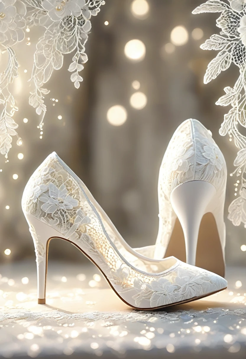 White laceで出来たHigh Heels, Beautiful Lace High Heels, Lace High Heels for room decoration, Indoor, White lace, Very delicate lace, Best quality:1.2, 4K, 8K, Very detailed, High Detail, masterpiece:1.2