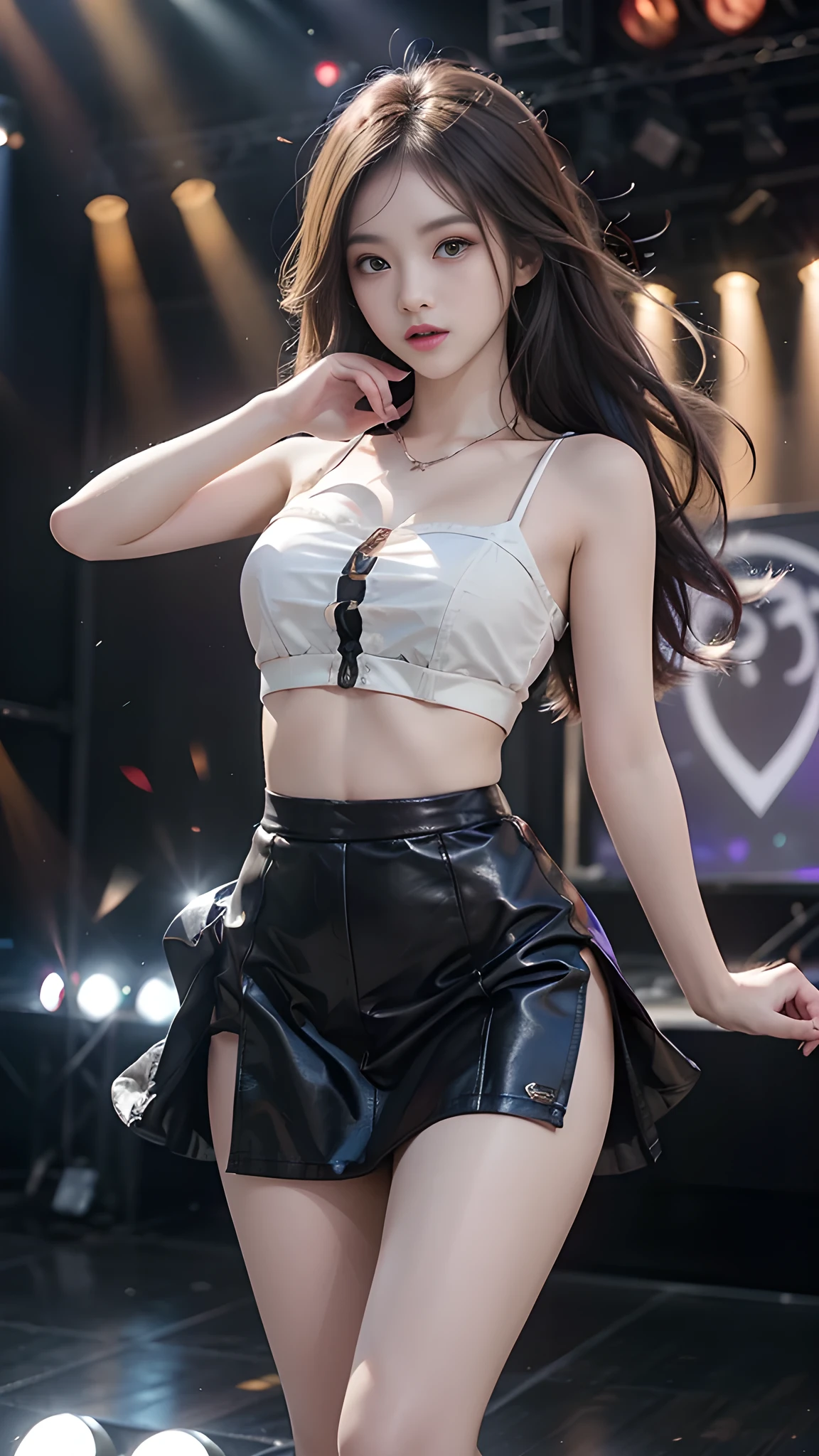 ulzzang-6500-v1.1, (RAW photo: 1.2), (Real photo), (Real photo: 1.4), 1 girl、Perfect anatomy、1、Looking at the camera、Medium length hair、dance skirt, ((performing on stage: 1.1))、(Business service)、Asian eyes Ella,