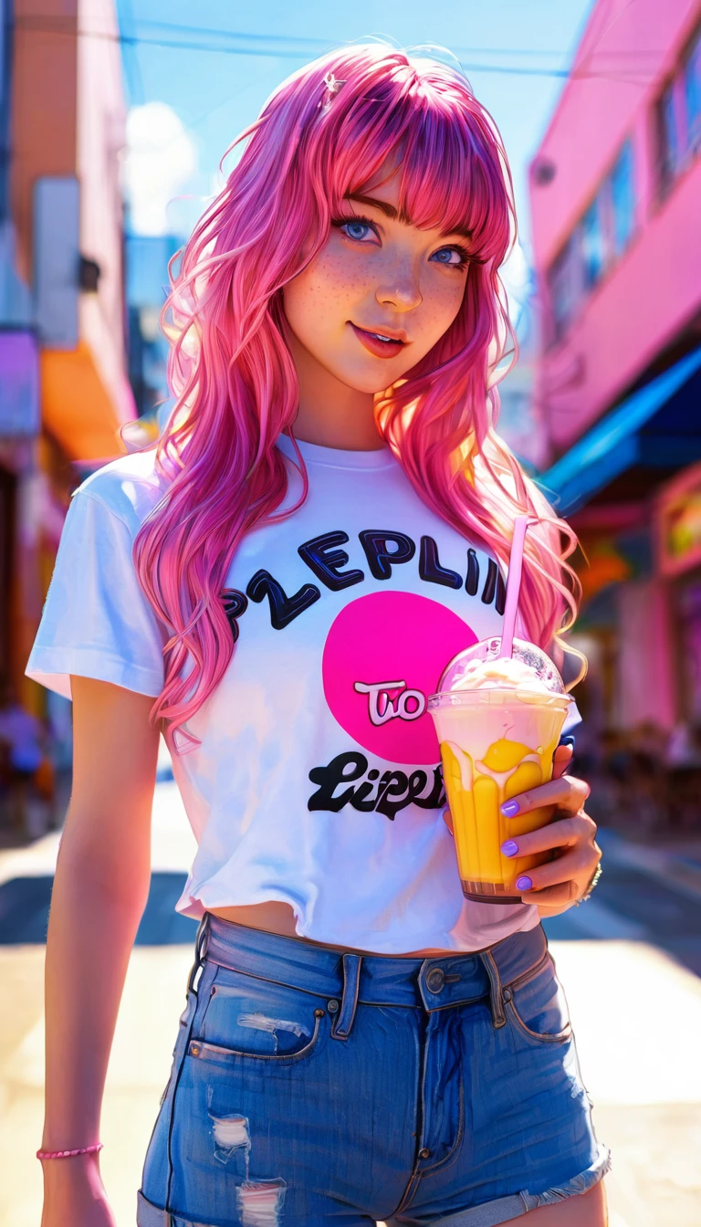 anipoma1,(masterpiece, best illustration, best manga), solo, 1girl, violet eyes, (shiny skin, soft hair), (holding a milkshake), freckles, (bright pink two tone hair:1.3), (wearing a led zepplin tshirt, denim jeans), (extreme light and shadow, volumetric lighting, rim lighting), (daylight:.5), (rainbow lights, light leak), (seductive, smirk), (solo), mangadusk1, manwha1