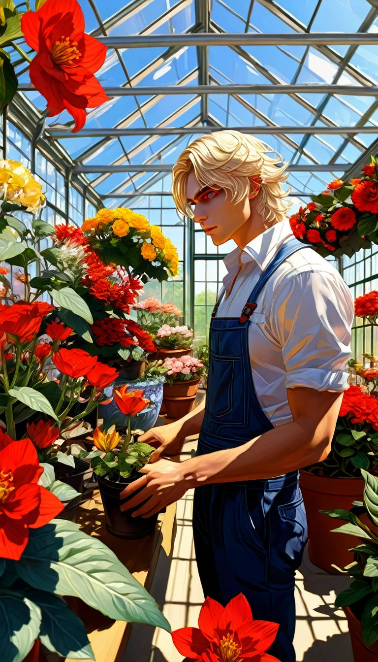 extremely delicate and beautiful, Amazing, finely detail, masterpiece, ultra-detailed, highres,best illustration, best shadow,intricate,sharp focus,  high quality, 1male, solo, blond hair. red eyes, kaveh genshin impact, glass greenhouse, flowers in pots, flowers for sale, man looking at flowers, flowers everywhere