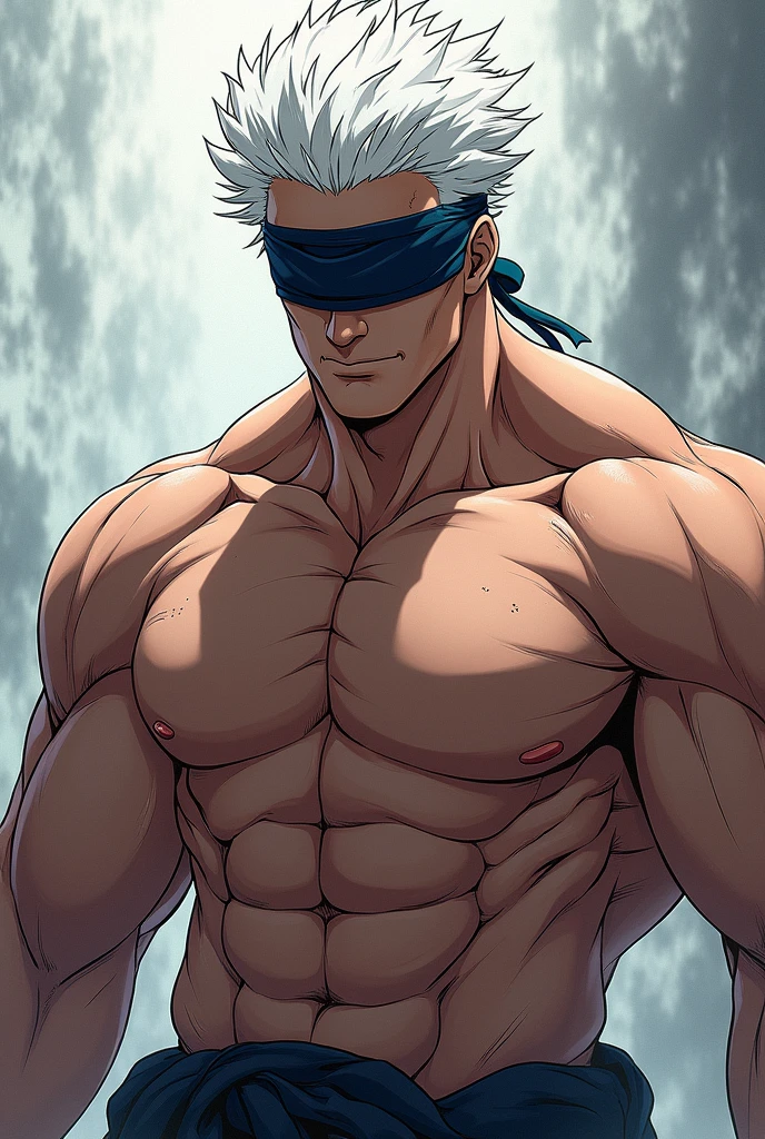 a male ninja, in an white background, sexy ninja outfit, muscular, best quality, ninja mask, blue hair, katana behind back, bare pectorals, nipples, looking at viewer, masterpiece, extremely detailed, intricate details, 3d