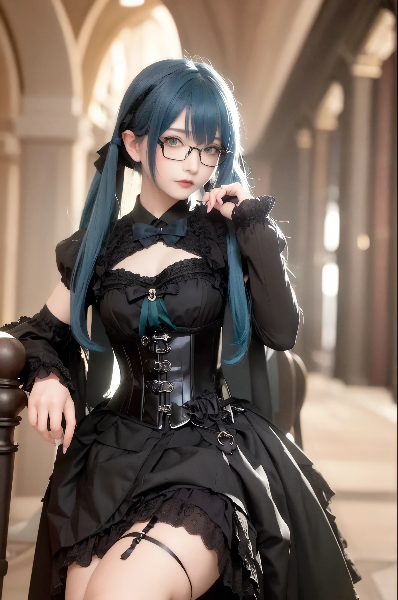 (masterpiece, Best Quality), One girl, Small breasts, smallヒップ, Green Eyes, Blue Hair, Black Corset, Lace skirt, Garter belt, Black legwear, Old Library, small, Glasses,