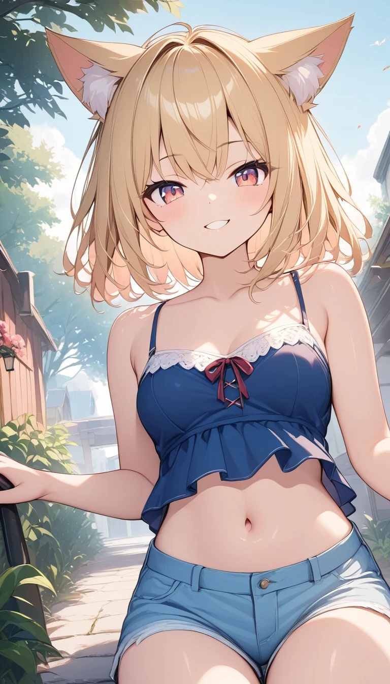 highest quality、Smirking face、Small breasts、belly button、Fox ears、Long blonde、Red Eye、camisole、Shorts、garden