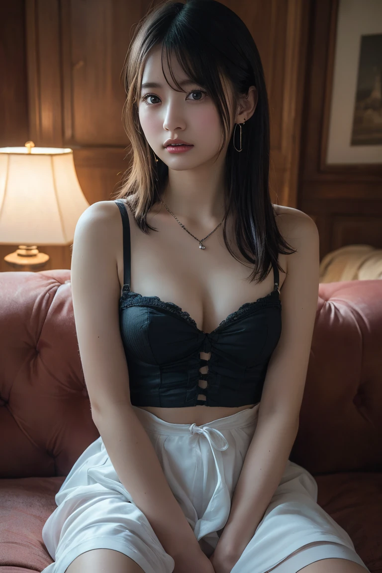 (Highest quality,8k,High resolution,masterpiece:1.2),Digital Art, girl,Delicate face,Delicate eyes,Dark brown hair,Short Straight Hair,Sparkling amber eyes,Red lips,Suspender long skirt,particle,Dust,Warm colors,shy,in love,Eevee drawing,(HD Skins),Shallow depth of field,Film Photography