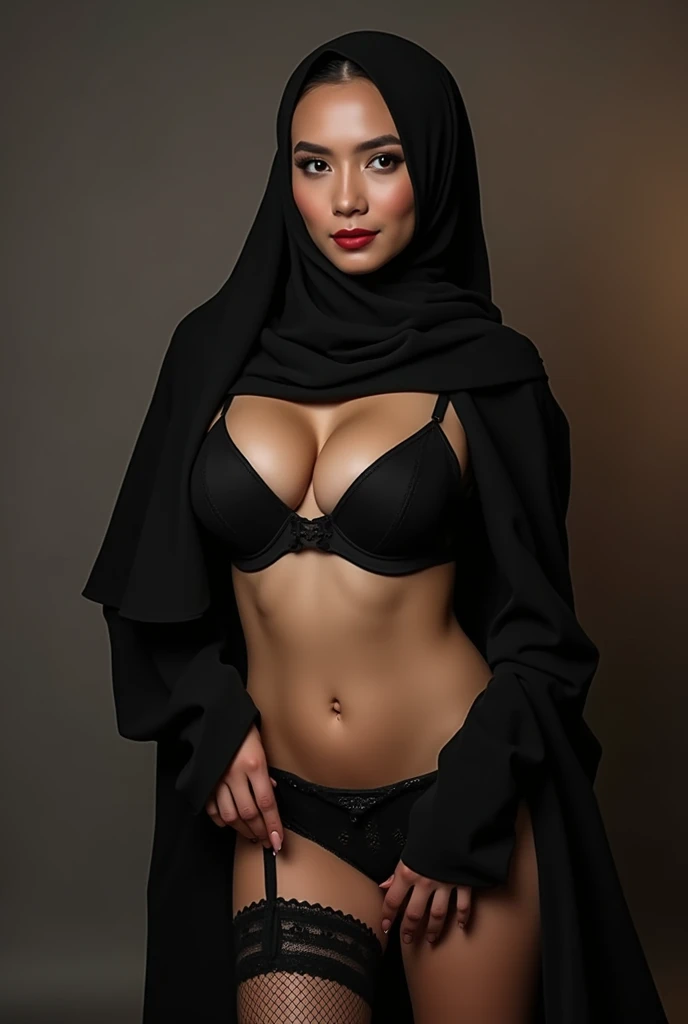 In this photograph, an Indonesian Instagram female model in her mid-20s takes center stage. , (highly detailed face:1.4) (smile:0.7) (backround 5 star hotel , moody, private study:1.OV, by lee jeffries, nikon d850, film stock photograph ,4 kodak portra 400 ,camera f1.6 lens ,rich colors ,hyper realistic ,lifelike texture, dramatic lighting , cinestill 800, realistic, wearing Black brocade lingerie, luxury victoria secret lingerie, she wears a luxury brocade hijab, ((hijab)), actress, full body shot, posing!!, candid picture, by Max Dauthendey,Completing the aesthetic, the model show her breast, she show her breast and squeeze it, ((big breast:1.5)), yo can see the nipple visible,The photograph is meticulously captured in 8K resolution using cutting-edge techniques such as Cinema 4D and Octane Render, resulting in a highly detailed and photorealistic image. Studio lighting, HDR, and a smoky mist create a captivating ambiance, while the bokeh effect adds an artistic touch, put details on fingers, sexy body, posing straight facing camera, no underwear, ((full hairy pussy)), ((cameltoe)) ((vagina visible)) ((transparent kimono))
