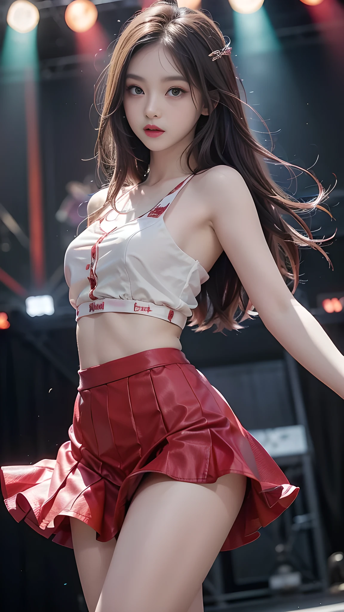 4K ultra hd, masterpiece, a cute girl, long hair, beautiful hairstyle, skirt, red skirt, bare waist, lace, necklace, hat, cyberpunk,