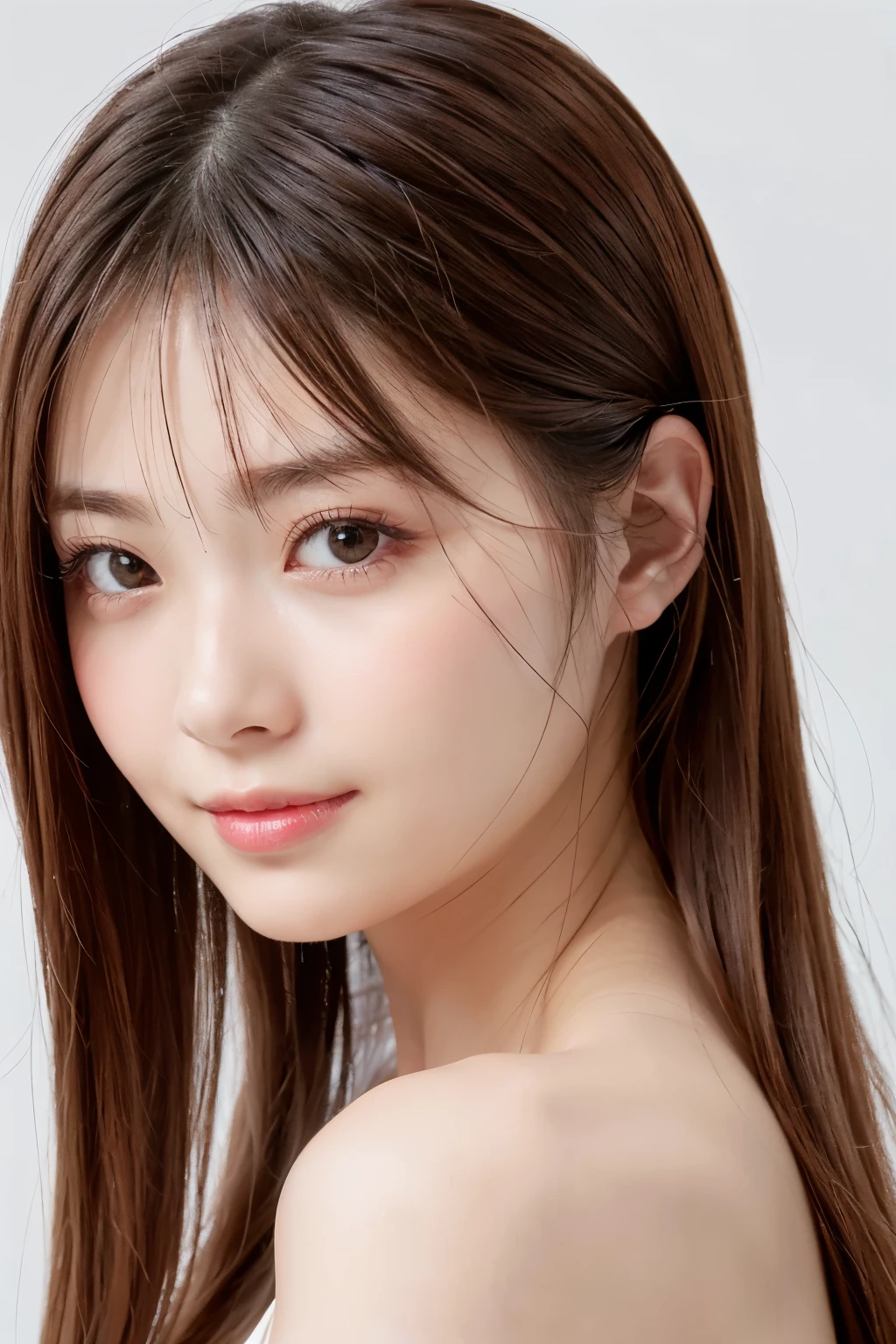 (Best Quality、Tabletop、8k、Best image quality、Award-winning works)、(Face close-up:1.2)、(Pure white background:1.2)、(nude:1.1)、Closed lips、Perfect beautiful face、Glowing Beautiful Skin、Perfect Makeup、Facing forward、Symmetrical、Very Long Hair、Half Up、